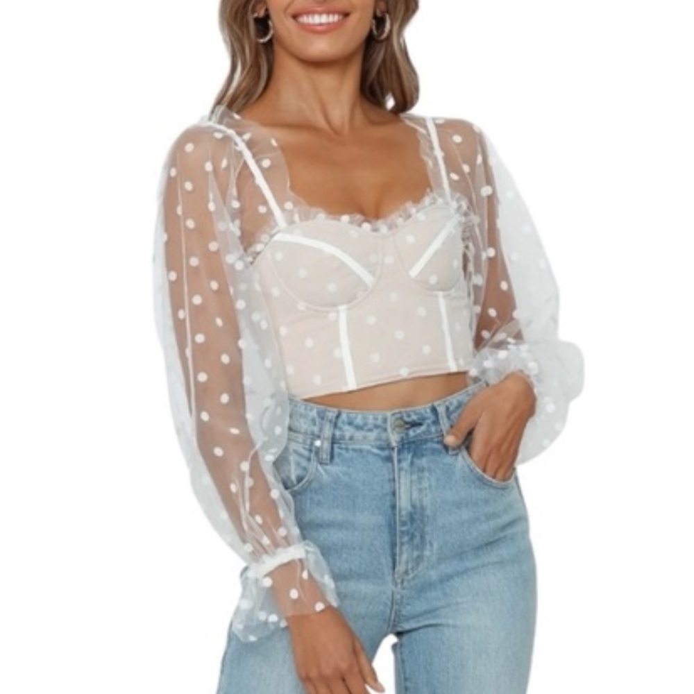 RUNAWAY THE LABEL Sheer Polka Dot Long Sleeve Bustier Top